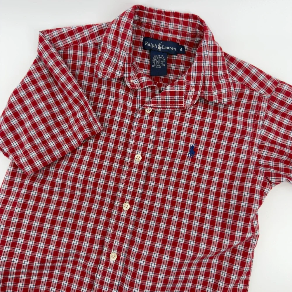 Ralph Lauren Kids Plaid Short Sleeve Button Up‎ Shirt Red White Blue Size 4